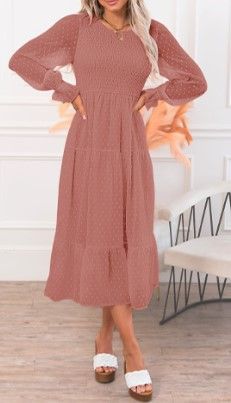 Photo 1 of MEROKEETY Women's Casual Long Sleeve Smocked Dress Crewneck Swiss Dot Flowy Tiered Midi Dress XL