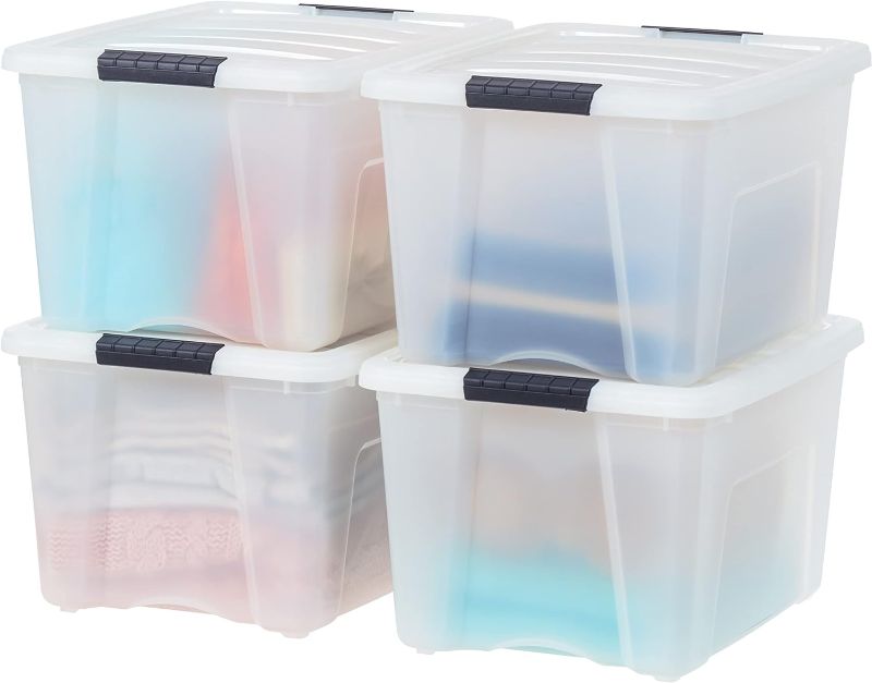 Photo 1 of IRIS USA 40 Quart Stackable Plastic Storage Bins with Lids and Latching Buckles, 4 Pack - Pearl, Containers with Lids and Latches, Durable Nestable Closet, Garage, Totes, Tubs Boxes Organizing

