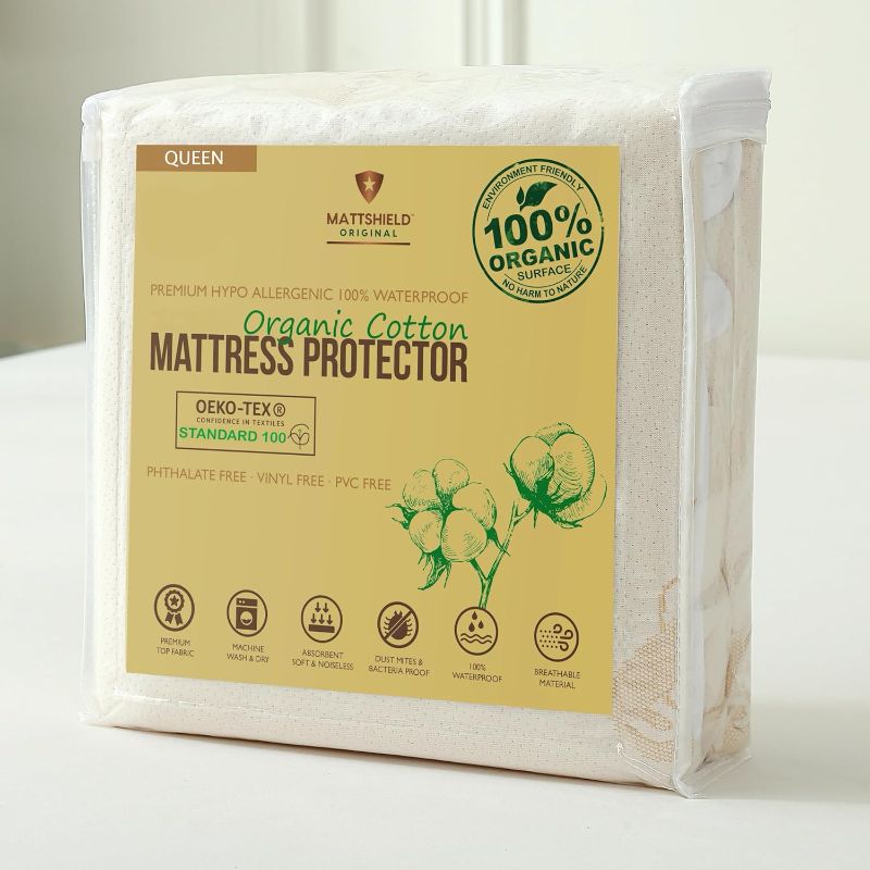 Photo 1 of Waterproof Organic Mattress Protector Queen - Organic Cotton Hypoallergenic Breathable Mattress Pad Cover - 200 GSM Comfort - Deep Pocket - Fitted Allergy Shield

