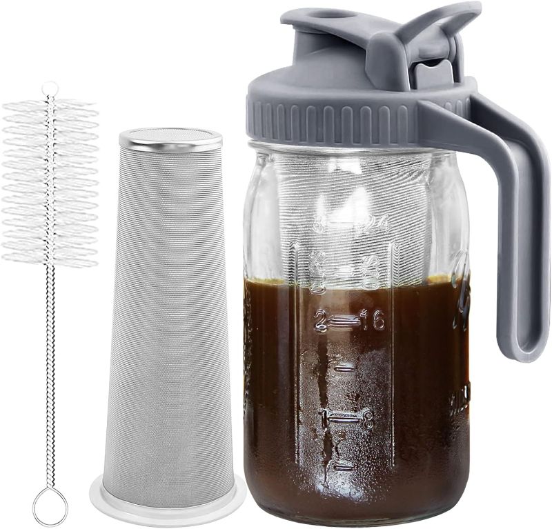 Photo 1 of Cold Brew Coffee Maker Pitcher, 32 oz Thick Glass Mason Jar Spout Lid with Handle & Stainless Steel Filter for Iced Brew Coffee, Ice Lemonade, Sun Tea
