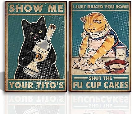 Photo 1 of 2 Pieces Funny Kitten Canvas Wall Art Print Poster, Biscuits We Knead, Show Me Your Tito, Family Bar Kitchen Shop Farmhouse Decoration Coffee Vintage Gifts 12x16 Inch Framed