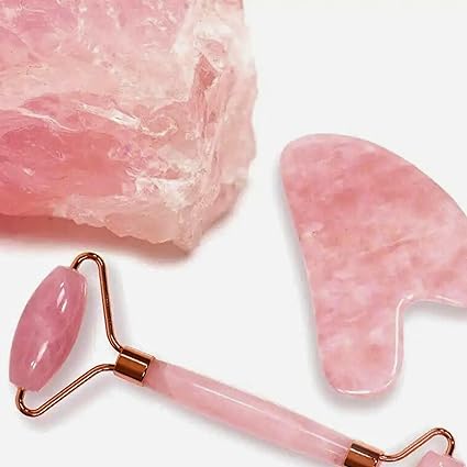 Photo 1 of 2 Pcs Rose Quartz Facial Roller and Gua Sha Set for Face Lymphatic Drainage and Skincare with Headband