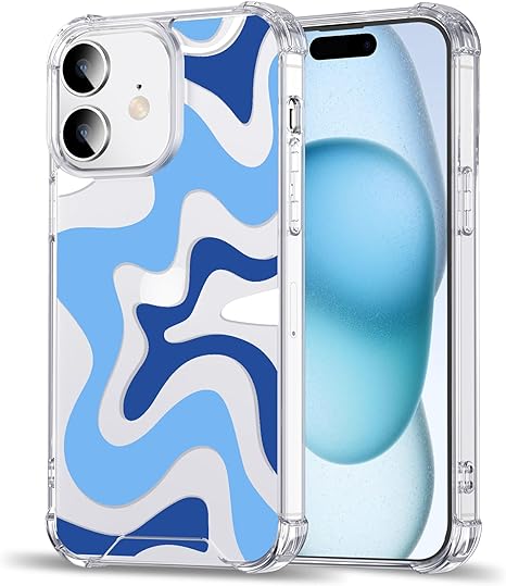 Photo 1 of Case for iPhone 11, Painting Printed Cute Wavy Pattern Simple Exquisite Stylish iPhone 11 Cases Durable Soft TPU Shockproof Protective Slim Phone Cover for Girls Women Men, White & Blue