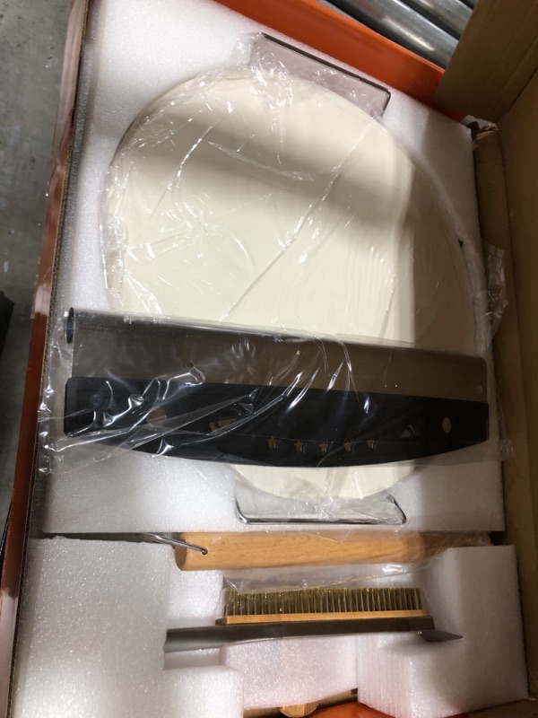 Photo 1 of 16" Pizza Making Kit (Set of 4) - Cordierite Pizza Stone with SS Rack, Acacia Wood Pizza Peel, Stainless Steel Pizza Cutter Rocker w Protective Cover, Oven Metal Brush w Scraper 16 f) Set of 4 Silver