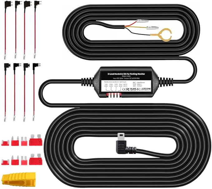 Photo 1 of AZDOME 3-Lead ACC Hardwire Kit Mini-USB Port for M550(Pro)/M01 Pro/M17 Dash Cam, 12ft with Fuse Kit, for Dash Camera 24H Parking Monitor, Converts 12V-24V to Output 5V/2.5A Max, Low Voltage Protection