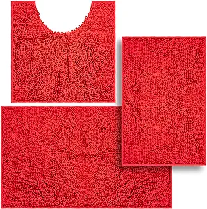 Photo 1 of 3 Pieces Bathroom Rugs, Anti-Slip Chenille Bath Rug, Super Absorbent Luxury Shaggy Bath Mats Set, Perfect Plush Carpet for Tub, Shower, Bath Room,Machine Washable (RED)