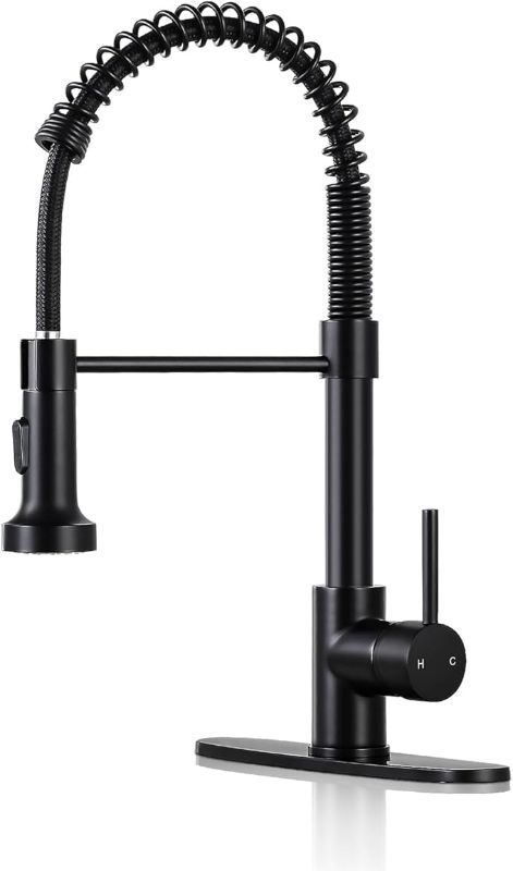 Photo 2 of DJS Kitchen Faucets with Pull Down Sprayer Matte Black -?Dual Mode Setting?Single Handle 1 or 3 Holes Commercial Spring Kitchen Sink Faucet with Deck Plate for Farmhouse RV Vessel Basin