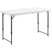 Photo 1 of 4 Foot Height Adjustable Fold-in-Half Table with Carrying Handle, Easy Folding and Storage, Indoor Outdoor Use, White, 4ft_Straight Legs
