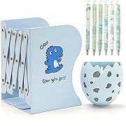 Photo 1 of Adjustable Dinosaur Bookends,with Egg Modeling Magnetic Pencil Holder and 6 Pcs Gel Ink Pen,Metal Dino Book Organizer for Boys Girls Kids Room,Shelves,Book Stoppers to Hold Books Heavy Duty
