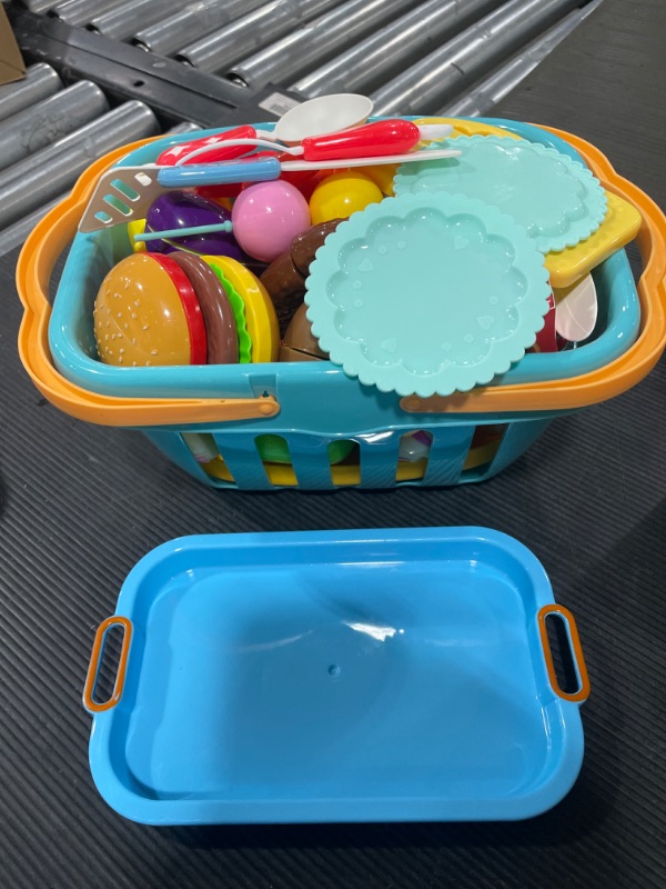 Photo 2 of 70 PCS Cutting Play Food Toy for Kids Kitchen, Pretend Fruit &Vegetables Accessories with Shopping Storage Basket, Plastic Mini Dishes and Knife, Educational Toy for Toddler Children Birthday Gift