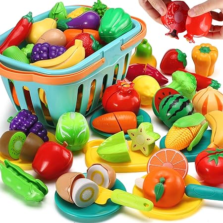 Photo 1 of 70 PCS Cutting Play Food Toy for Kids Kitchen, Pretend Fruit &Vegetables Accessories with Shopping Storage Basket, Plastic Mini Dishes and Knife, Educational Toy for Toddler Children Birthday Gift