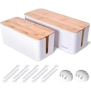 Photo 1 of 2 Pack Large Cable Management Box – Wooden Style Cord Organizer and Cover for TV Wires, Computer, Router, USB Hub and Under Desk Power Strip – Safe ABS Material and Baby-Pets Proof Lock (White)
