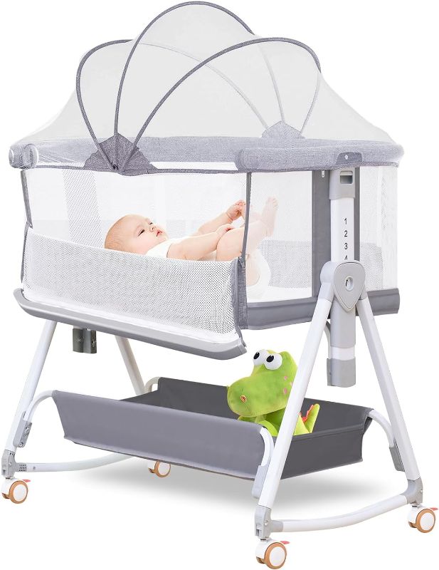 Photo 1 of Baby Bassinet Bedside Sleeper for Baby with Wheels and Storage Basket,All Mesh Portable Bedside Bassinet for Newborn,7 Height Adjustable Easy to Assemble Bedside Crib?3 in 1,Grey?
