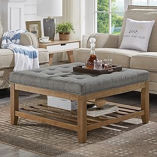 Photo 1 of 24KF Large Square Upholstered Tufted Linen Ottoman Coffee Table, Large Footrest Ottoman with Solid Wood Shelf-Granite Square ottoman with wooden shelf Granite-large Ottoman