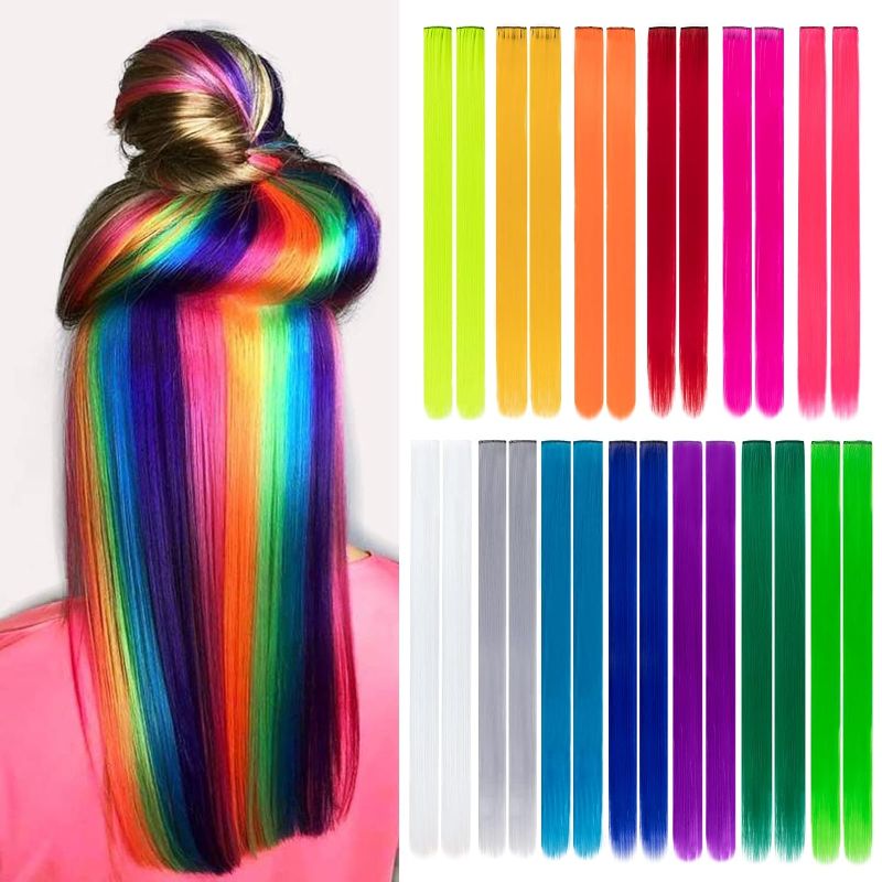 Photo 1 of 26 Pack Colored Party Highlights Clip in Hair Extensions for Girls 20 inches Multi-colors Straight Hair Synthetic Hairpieces In The Party(13colored)
