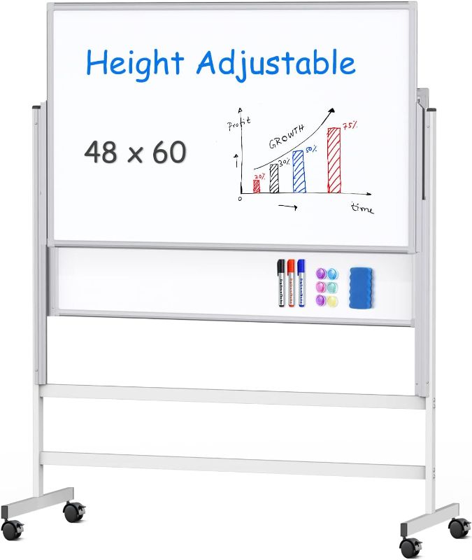 Photo 1 of maxtek Dry Erase Whiteboard Height Adjustable, Easel Stand White Board on Wheels - 48 x 60 Large Mobile Dry Erase Board, 4' x 5' Double Sided Magnetic Whiteboard for School Office Home Sliding Up&Down
