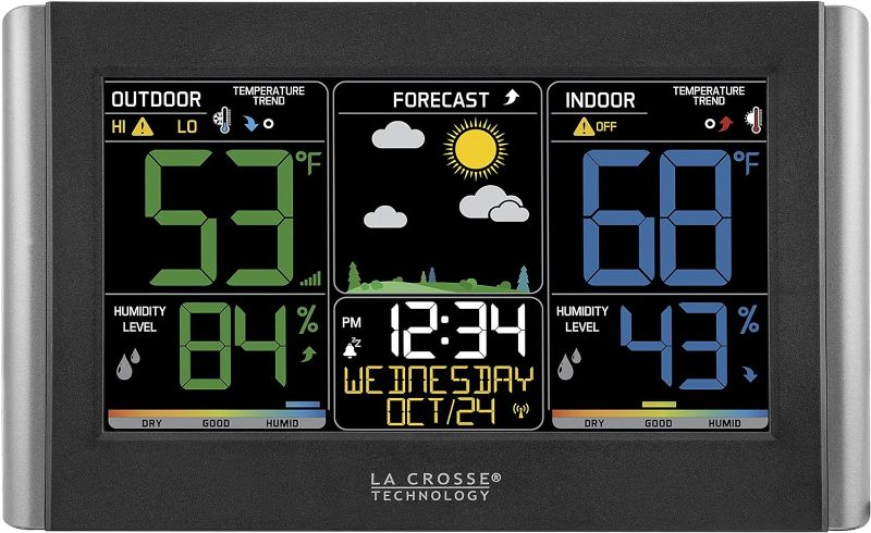 Photo 1 of La Crosse Technology Weather Station with Customizable Alerts, Weather Forecast, Temperature, Dew Point, Humidity, Time, Heat Index, Large Display, Adjustable Brightness, Wireless, Black, C85845-INT
