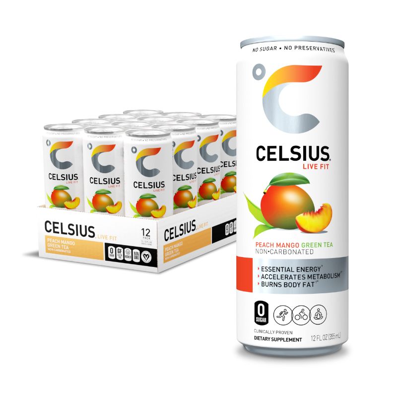 Photo 1 of CELSIUS Peach Mango Green Tea, Functional Essential Energy Drink 12 Fl Oz (Pack of 12) Peach Mango Green Tea 12 Fl Oz (Pack of 12) exp 05/2025