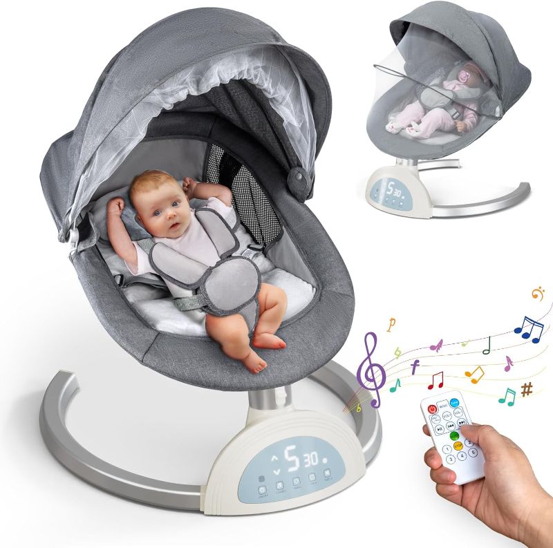 Photo 1 of Baby Swings for Infants, Electric Baby Rocker Swinger for 0-9 Month Newborn Boy & Girls, 5 Swing Speeds Bluetooth Remote Control Music Speaker for 5-20Lb Baby
