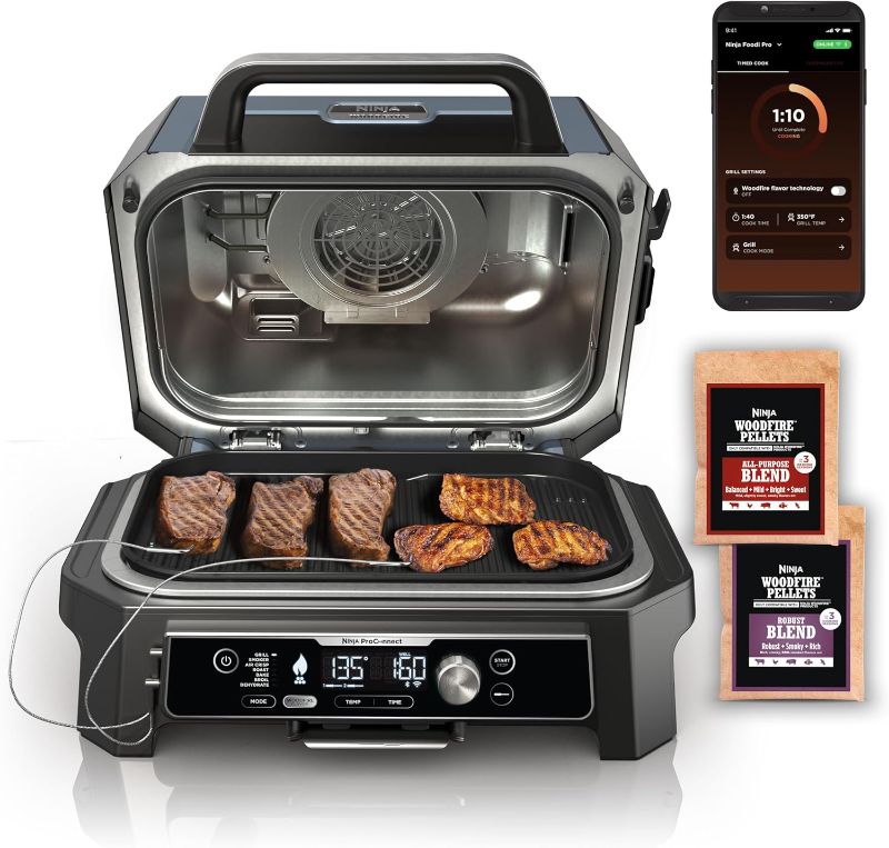 Photo 1 of Ninja OG951 Woodfire Pro Connect Premium XL Outdoor Grill & Smoker, Bluetooth, App Enabled, 7-in-1 Master Grill, BBQ Smoker, Outdoor Air Fryer, Woodfire Technology, 2 Built-In Thermometers, Black

