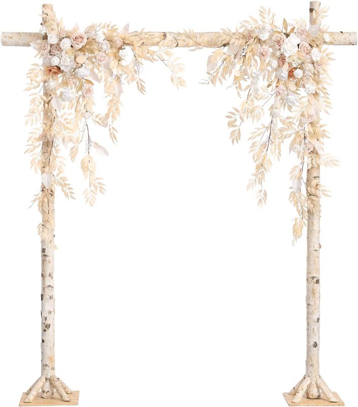 Photo 1 of Ling's Moment Beige Wedding Backdrop Arch Flowers Garland Artificial Hanging Vines Set of 2 White Swags Rose Evergreen Stems Standing Floral Arrangement, Ceremony Reception Background Wall Decoration
