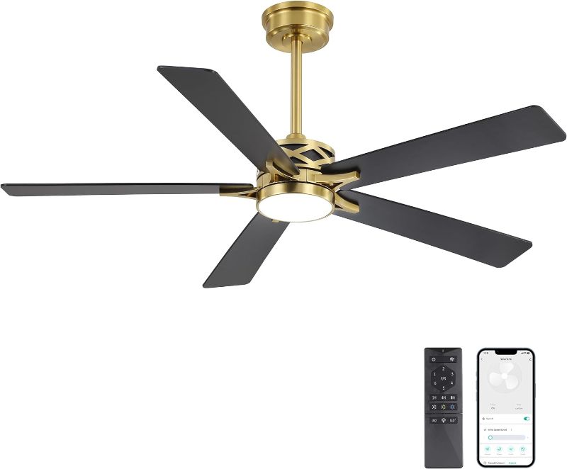 Photo 1 of WINGBO 72" Smart Ceiling Fan with Lights and 3 Downrods, 5 Plywood Blades, 6 Speeds Reversible DC Motor, Works with Alexa and Google Assistant, 3CCT Dimmable LED Large Ceiling Fans, Brass and Black
