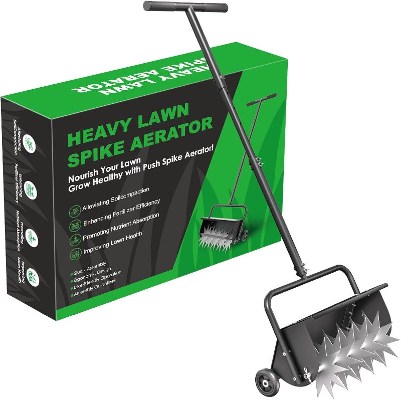 Photo 1 of 18-Inch Heavy Duty Spike Aerator, 3-Position Height Adjustment Metal Rolling Lawn Aerator,Revives Lawn Health, Manual Garden Tool for Compacted Soil & Lawn Care
