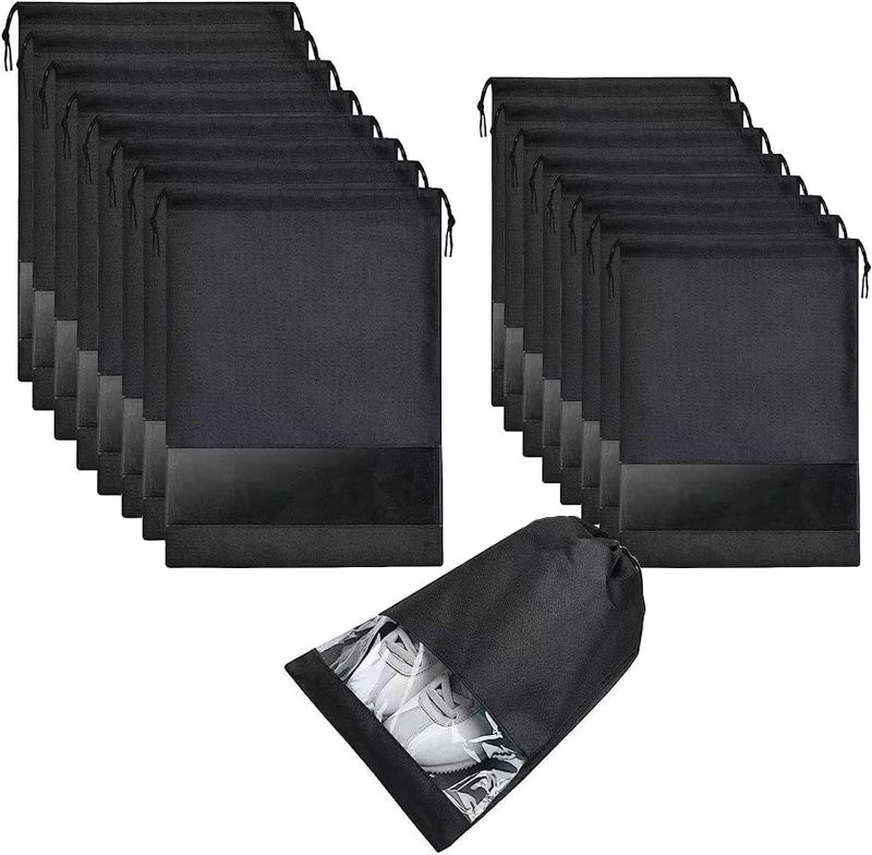 Photo 1 of 16 Pieces Black Shoe Storage Bags Home Travel Dust-proof Shoe Organizer Bag Shoe Bags for Travel Dust-proof Shoe Bags for Storage Transparent Shoe Bags for Travel with Drawstring for Travel