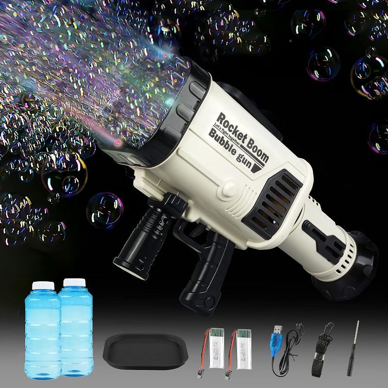 Photo 3 of Bloombloomme Bubble Guns, 64 Holes Giant Bubble Machine Gun with Colorful Lights, Electric Bubble Shooter Maker for Adults Kids Outdoor Indoor Birthday...