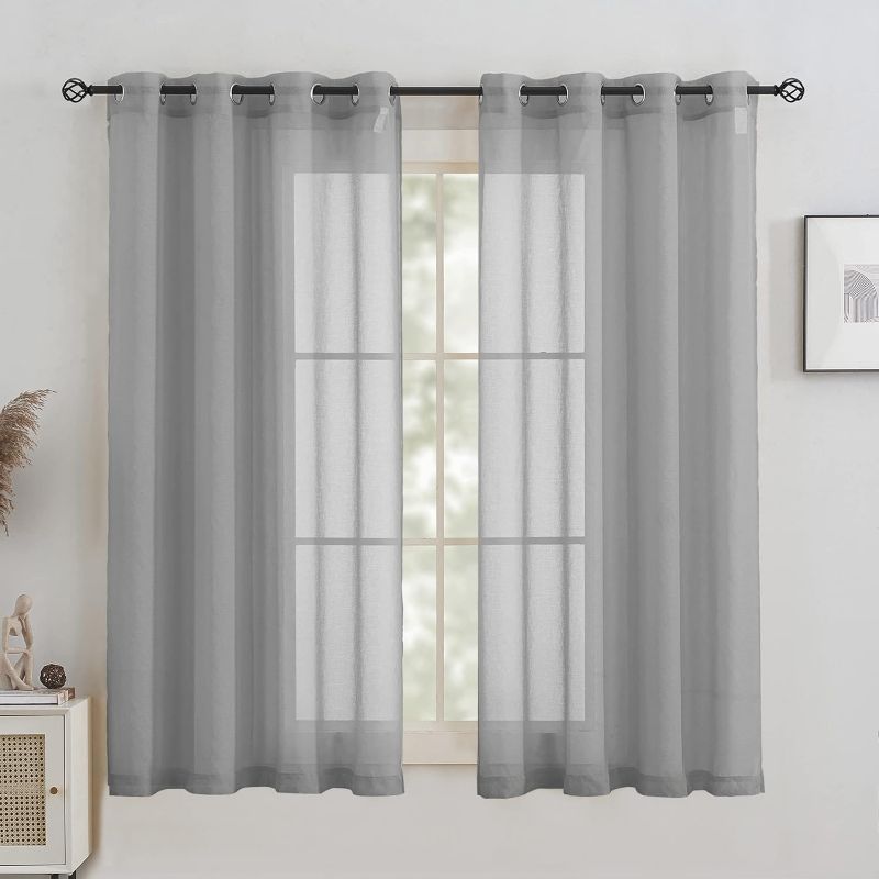 Photo 1 of  Grey Semi Sheer Curtains 63 Inches Long for Bedroom Windows Solid Drapes with Top Elegant Grommet 2 Panels Treatment Faux Linen Textured Sheer..