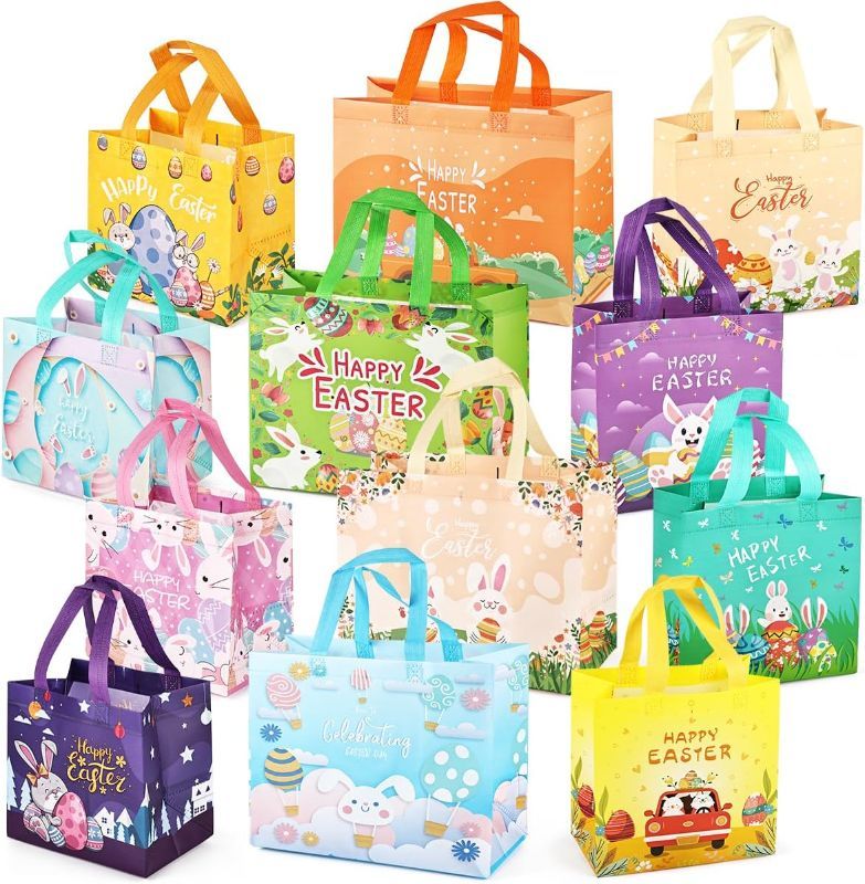 Photo 1 of 12PCS Easter Egg Hunt Bags, Assorted Sizes Happy Easter Bunny Carrot Chick Egg Gift Bags with Handles, Treat Bags, Multifunctional Non-Woven Easter Bags for Gifts Wrapping, Egg Hunt Game, Easter Party
