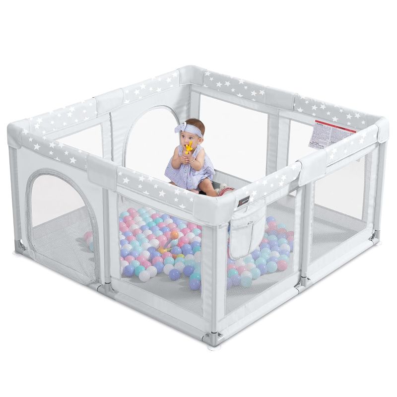 Photo 1 of ANGELBLISS Baby Playpen, Large Baby Playard, Play Pens for Babies and Toddlers with Gate, Indoor & Outdoor Play Area for Infants, Kids Safety Play Yard with Star Print (Grey, 50"×50")