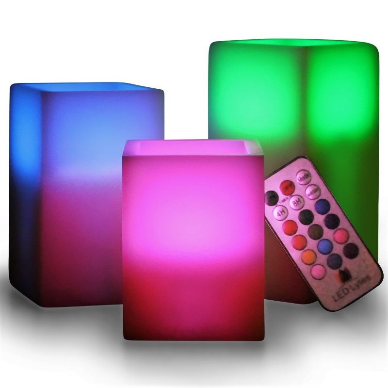 Photo 1 of LED Multi Colored Flameless Candles Battery Operated, 3 Square Ivory Wax with Multi-Function Timer Remote Control, Flickering Flame Candle Set for Room Decor for Teen Girls