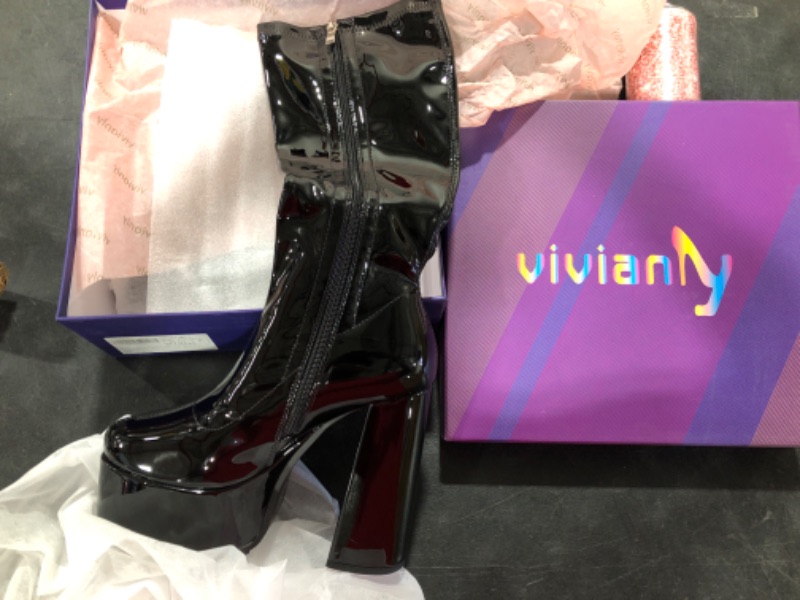 Photo 2 of vivianly Women Platform Knee Boots Chunky Block High Heel Patent Leather Zipper Booties 8 Black-5.51in
