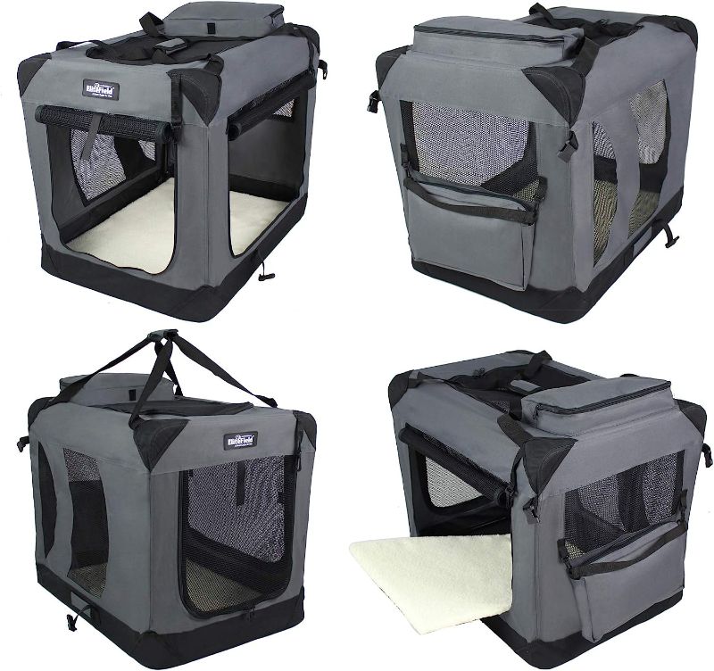 Photo 1 of Feandrea Dog Crate, Collapsible Pet Carrier, M, Portable Soft Dog Crate, Oxford Fabric, Mesh, Metal Frame, with Handle, Storage Pockets, 24 x 16.5 x 16.5 Inches, Gray UPDC60GY 24.0"L x 16.5"W x 16.5"H Gray