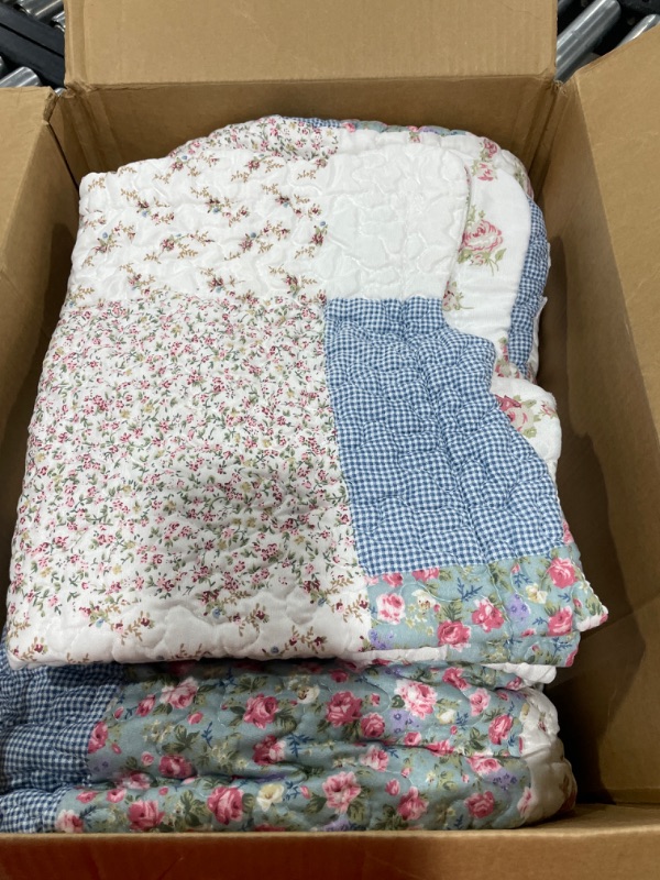 Photo 2 of Pink Rose with Small Blue Check Patchwork, 3-Piece Quilt Set with 2 Shams, Reversible Bedspread, Soft Lightweight Coverlet, All-Season, Full/Queen, Pink Blue Pink Blue Quilt Set Queen