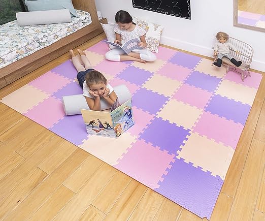 Photo 1 of MioTetto Soft Non-Toxic Baby Play Mat | Toddler Playmat | Colorful Jigsaw Puzzle PlayMat | 16+2 bonus squares Foam Floor Mats for Kids & Babies | EVA Foam Interlocking Tiles for Gym, Nursery, Playroom Pink-purple-beige 16