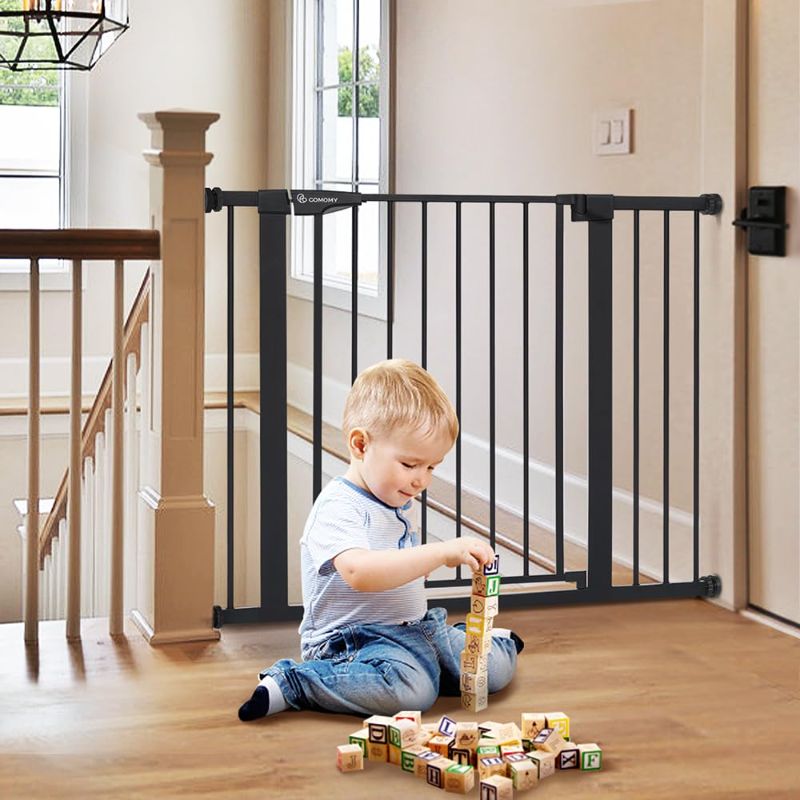 Photo 1 of COMOMY 30" Tall Baby Gate for Stairs Doorways, Fits Openings 29.5" to 43.3" Wide, Auto Close Extra Wide Dog Gate for House, Pressure Mounted Easy Walk Through Pet Gate with Door, Black
