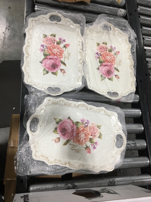 Photo 1 of Nicunom 3 Pack Serving Trays with Handles, Melamine Stackable Serving Platter BPA-Free Rectangle Food Tray Set with Flower Pattern for Home, Parties and Restaurants, Safe for Dishwashe