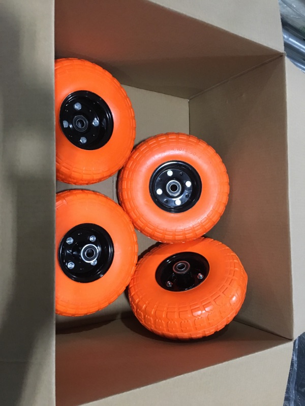 Photo 2 of 10" Flat Free Tires Solid Rubber Tyre Wheels?4.10/3.50-4 Air Less Tires Wheel with 5/8" Center Bearings?for Hand Truck/Trolley/Garden Utility Wagon Cart/Lawn Mower/Wheelbarrow/Generator?4 Pack, Orange 12.4 Pounds Orange