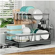 Photo 1 of  Large Dish Drying Rack for Kitchen Counter, Detachable Large Capacity Dish Drainer Organizer with Utensil Holder, 2-Tier Dish Drying Rack with Drain Board, Black
