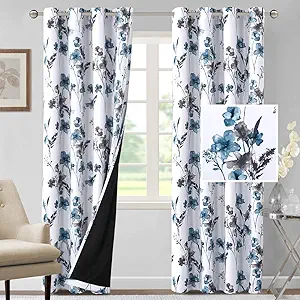 Photo 1 of H.VERSAILTEX 100% Blackout Curtains 84 inch Length 2 Panels Set Cattleya Floral Printed Drapes Leah Floral Thermal Curtains for Bedroom with Black Liner Sound Proof Curtains, Grey and Blue