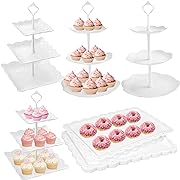 Photo 1 of 10 Pcs Cake Stand White Plastic Dessert Table Set 4 3 Tire Cupcake Display Stands Cookie Tray Rack Serving Tower and 6 Trays for Wedding Baby Shower Tea Party
