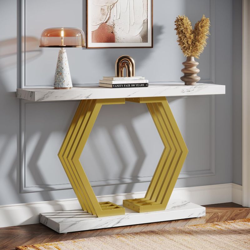 Photo 1 of Gold Console Table, Modern 39.4-Inch Entryway Table with Geometric Metal Base, Faux Marble Narrow Sofa Foyer Table for Entrance, Hallway, Living Room
