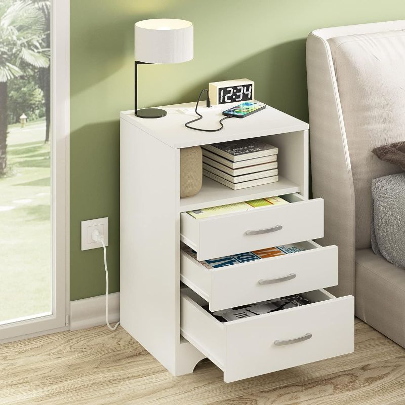 Photo 1 of White Nightstand with Charging Station, Modern End Side Table with 3 Drawers, Wooden Cabinet Stand by Sofa, Bedside Tables for Bedroom with USB Ports Outlet...
