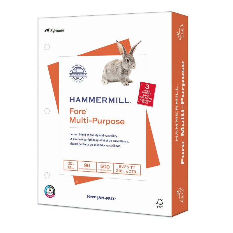 Photo 1 of Hammermill Printer Paper, Fore Multipurpose 20 lb Copy Paper, 3 hole - 1 Ream (500 Sheets) - 96 Bright, Made in the USA 1 Ream | 500 Sheets 3 Hole (8.5x11)