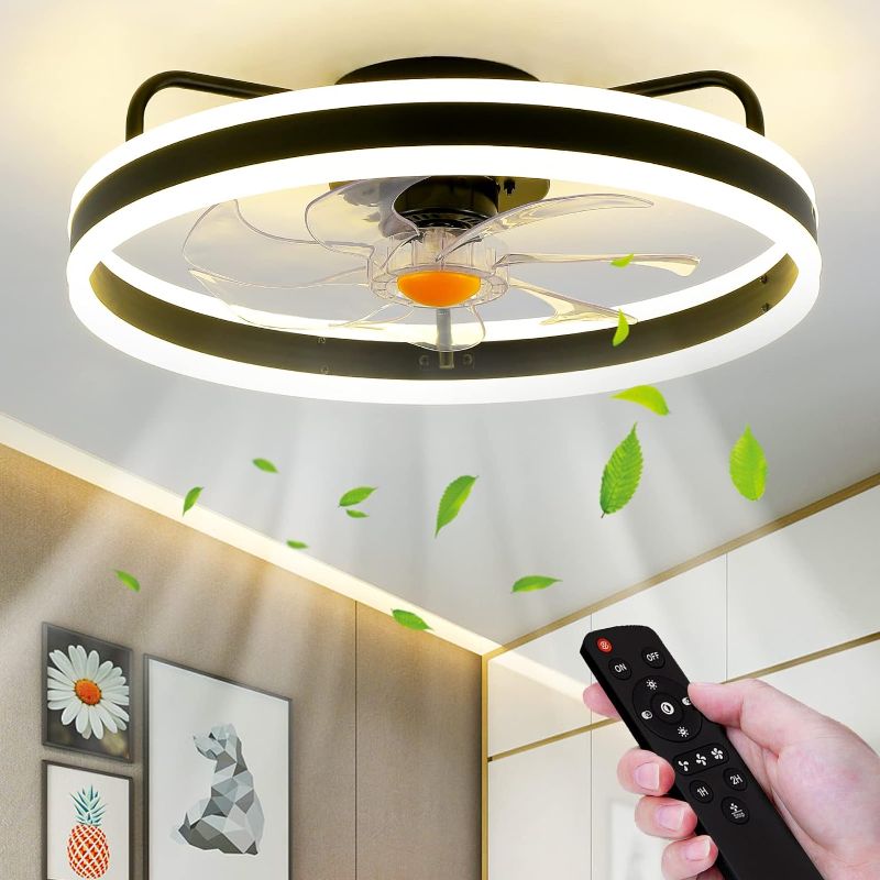Photo 1 of Mpayel Flush Mount Ceiling Fans with Lights and Remote Control?Modern Enclosed Bladeless Ceiling Fans,15'' Low Profile Ceiling Fan with Stepless Dimming Lighting Fixture for Bedroom Kitchen?Black? Black-3