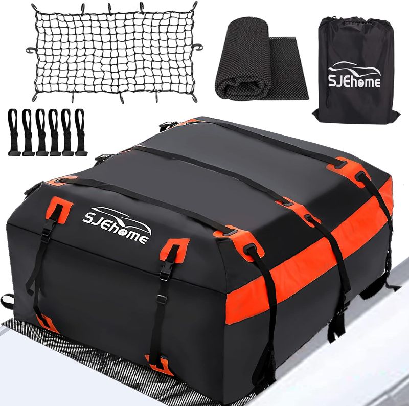 Photo 1 of SJEhome 21 Cubic Feet Rooftop Cargo Carrier,Car Roof Bag for All Cars with/Without Rack,600D PVC Waterproof Car Roof Storage,Includes Anti-Slip Mat,6 Door Hooks,Adjustable Elasticity Car Cargo Net