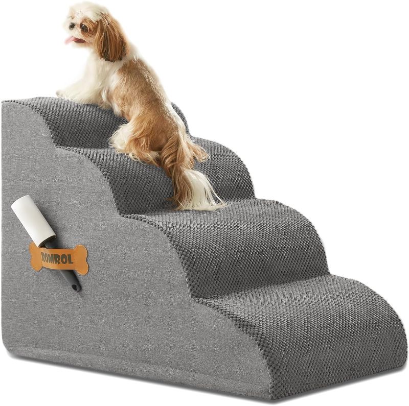 Photo 1 of Dog Stairs, Romrol Dog Steps Ramp for High Bed and Couch, Dog Ramp with Durable Non-Slip Waterproof Fabric Cover, Pet Stairs for Small Dogs and Cats or Pets Joints, 4-Tiers,Grey
