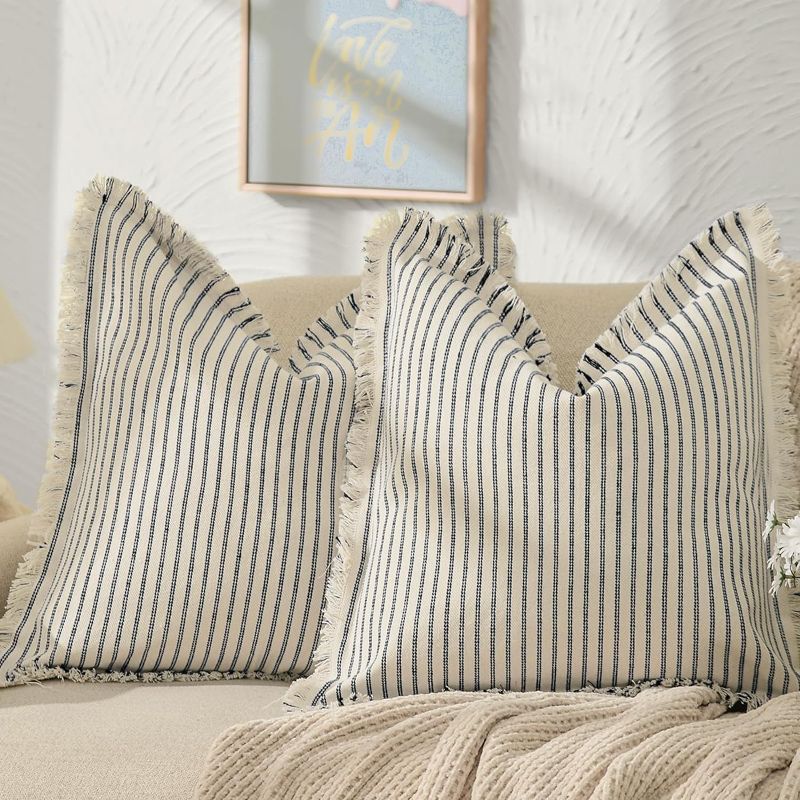 Photo 1 of ZWJD Throw Pillow Covers 20x20 Set of 2 Striped Pillow Covers with Fringe Chic Cotton Decorative Pillows Square Cushion Covers for Sofa Couch Bed Living Room Farmhouse Decor
